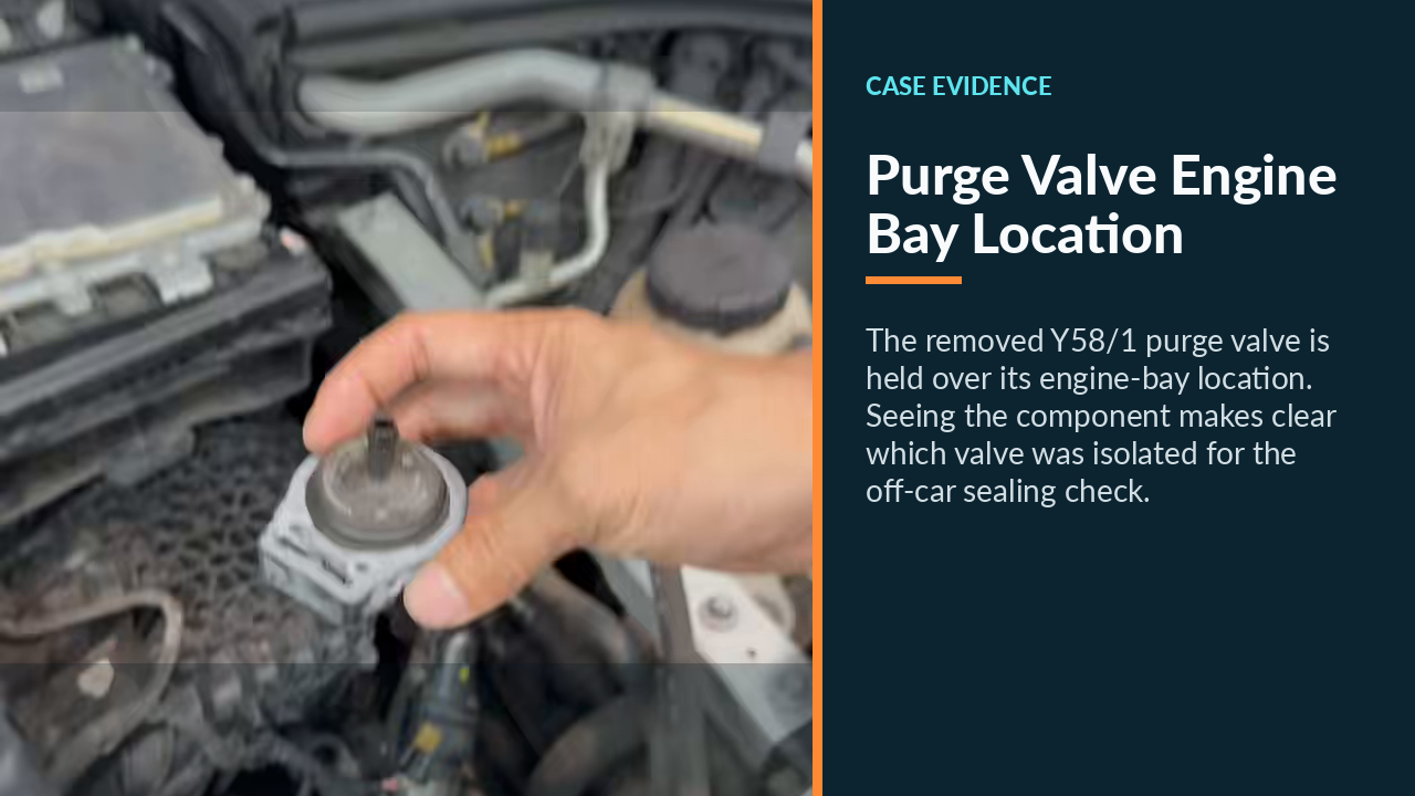 Purge valve Y58/1 held above its location in the Mercedes engine bay