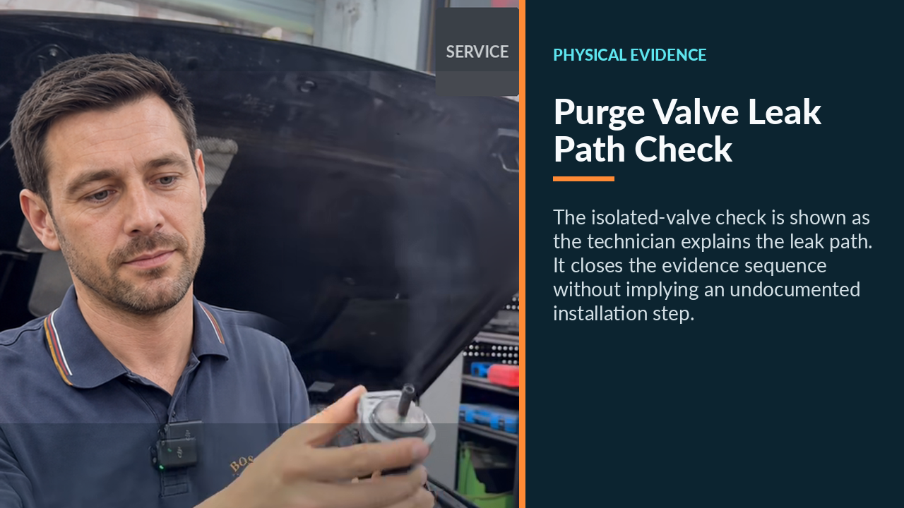 Removed purge valve and test hose shown during the leak-path explanation