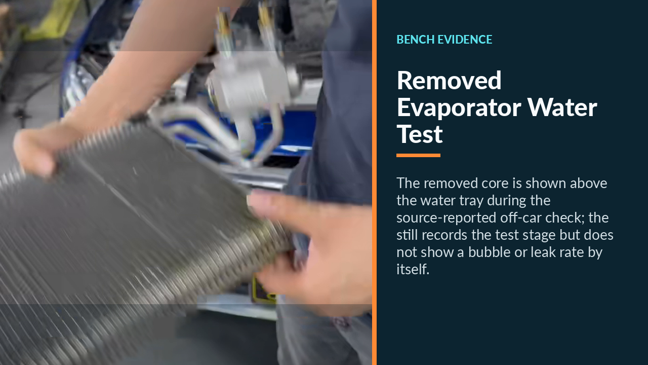 Removed Mercedes C200 evaporator held above a water test tray