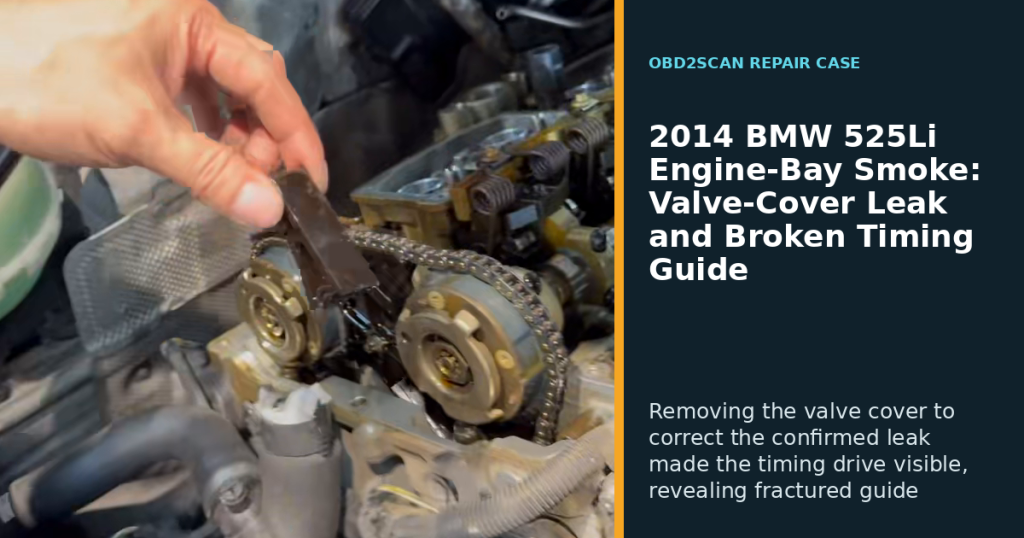 2014 BMW 525Li Engine-Bay Smoke: Valve-Cover Leak and Broken Timing Guide