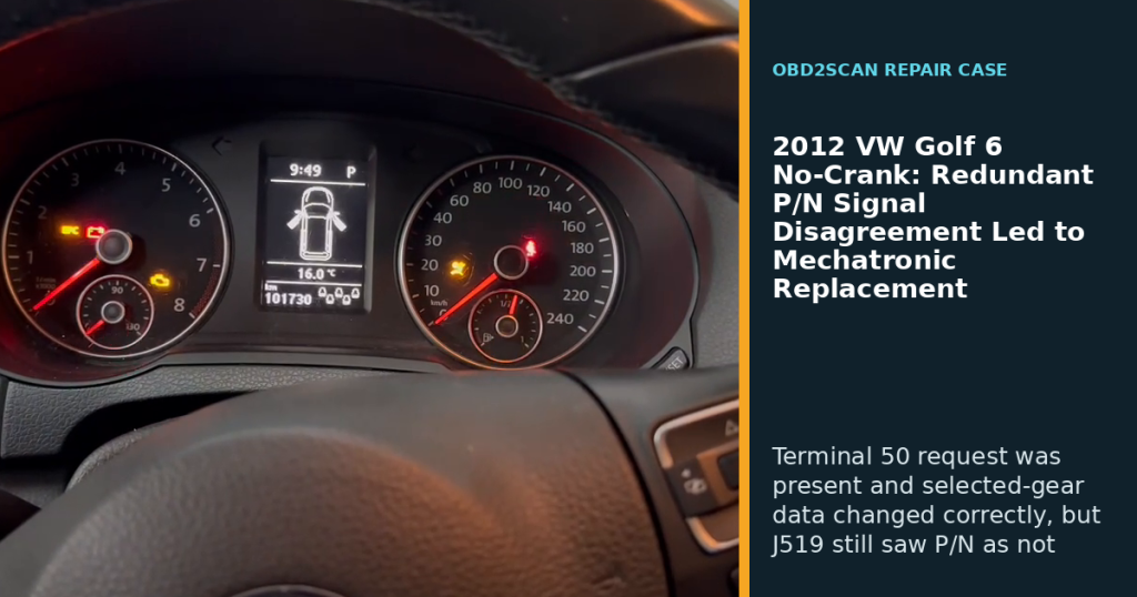 2012 VW Golf 6 No-Crank: Redundant P/N Signal Disagreement Led to Mechatronic Replacement