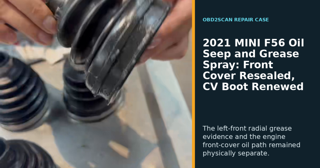 2021 MINI F56 Oil Seep and Grease Spray: Front Cover Resealed, CV Boot Renewed
