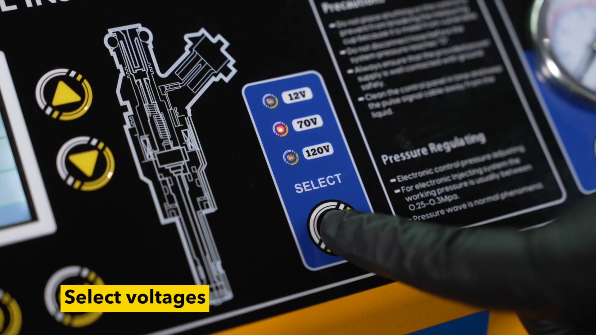 AUTOOL CT500 panel showing fixed 12 V 70 V and 120 V injector drive selections