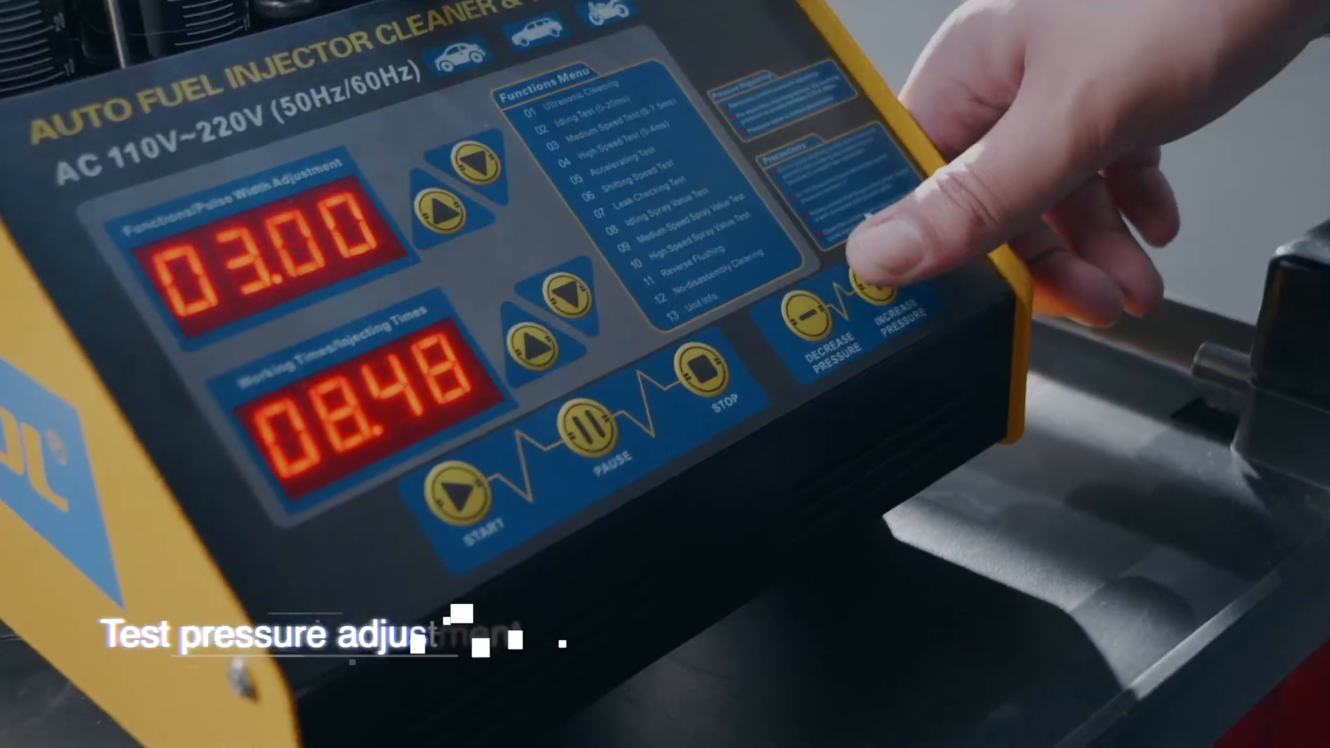 CT150 pressure controls and pressure display during injector bench setup