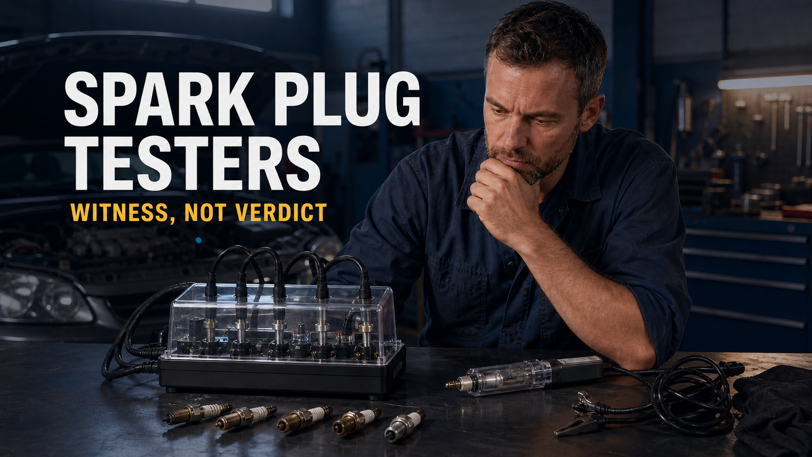 A technician comparing a multi-position spark plug bench with an inline ignition tester