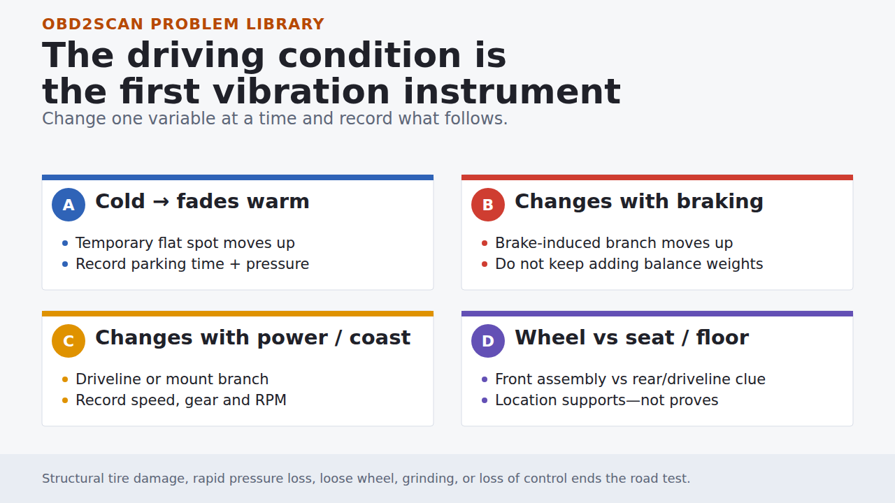 Highway vibration condition map using cold or warm behavior, steering or seat location, braking, power, and road surface