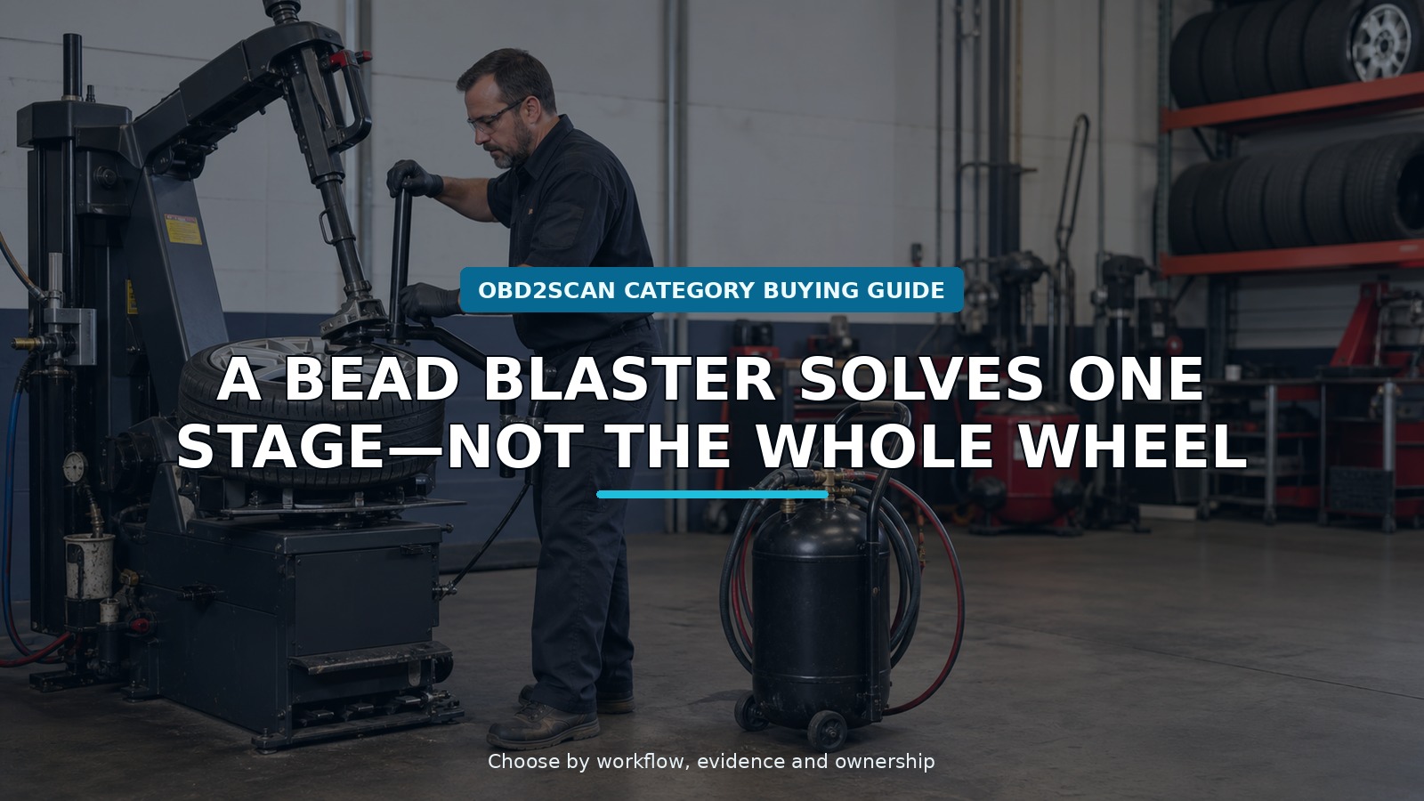 Workshop scene for tilt-back tire changer with bead blaster buying guide