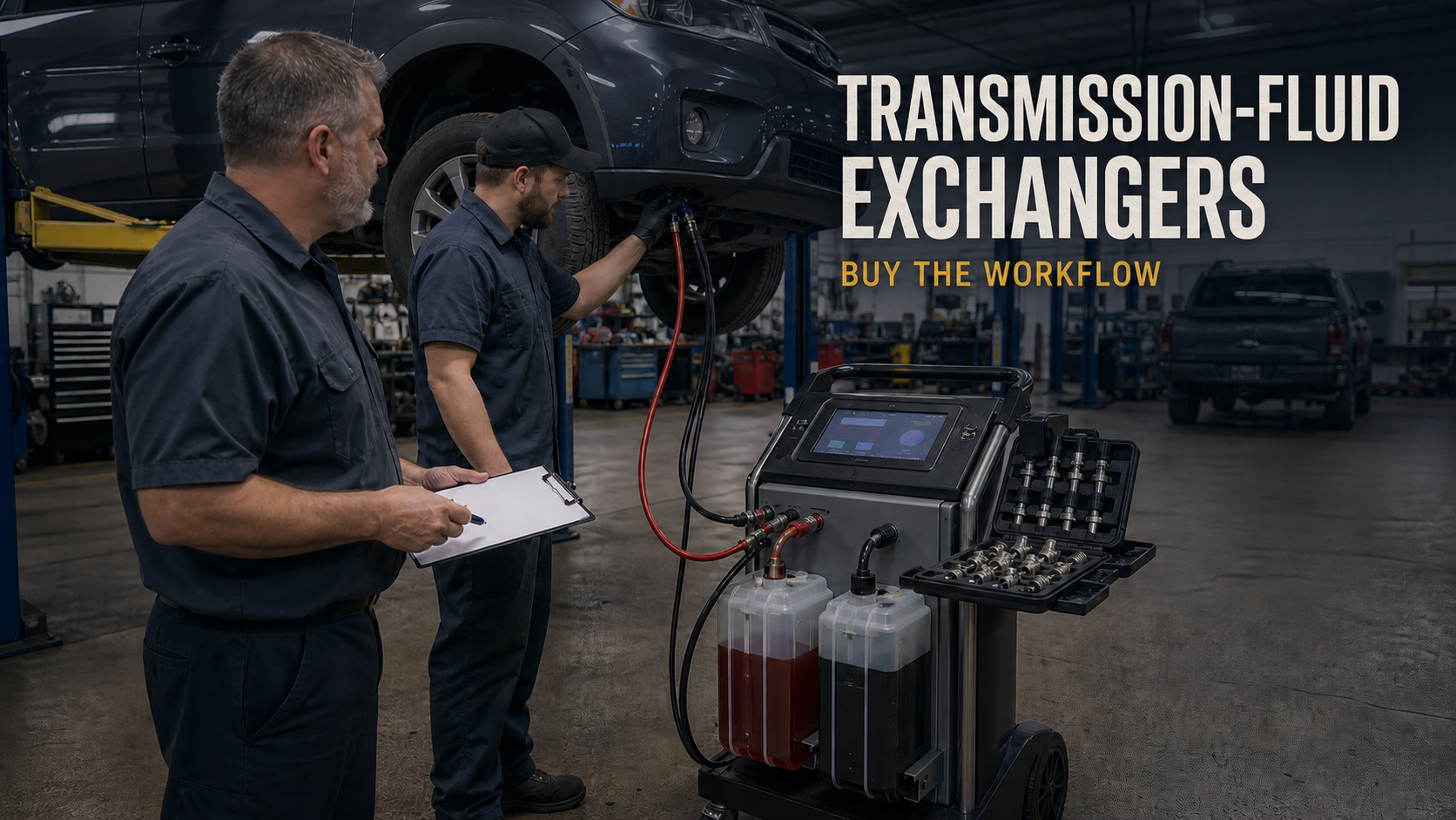 A shop manager and technician evaluating a transmission-fluid exchanger workflow