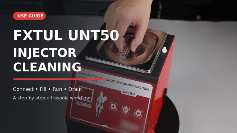 FXTUL UNT50 injector cleaning guide cover showing the machine and bath lid