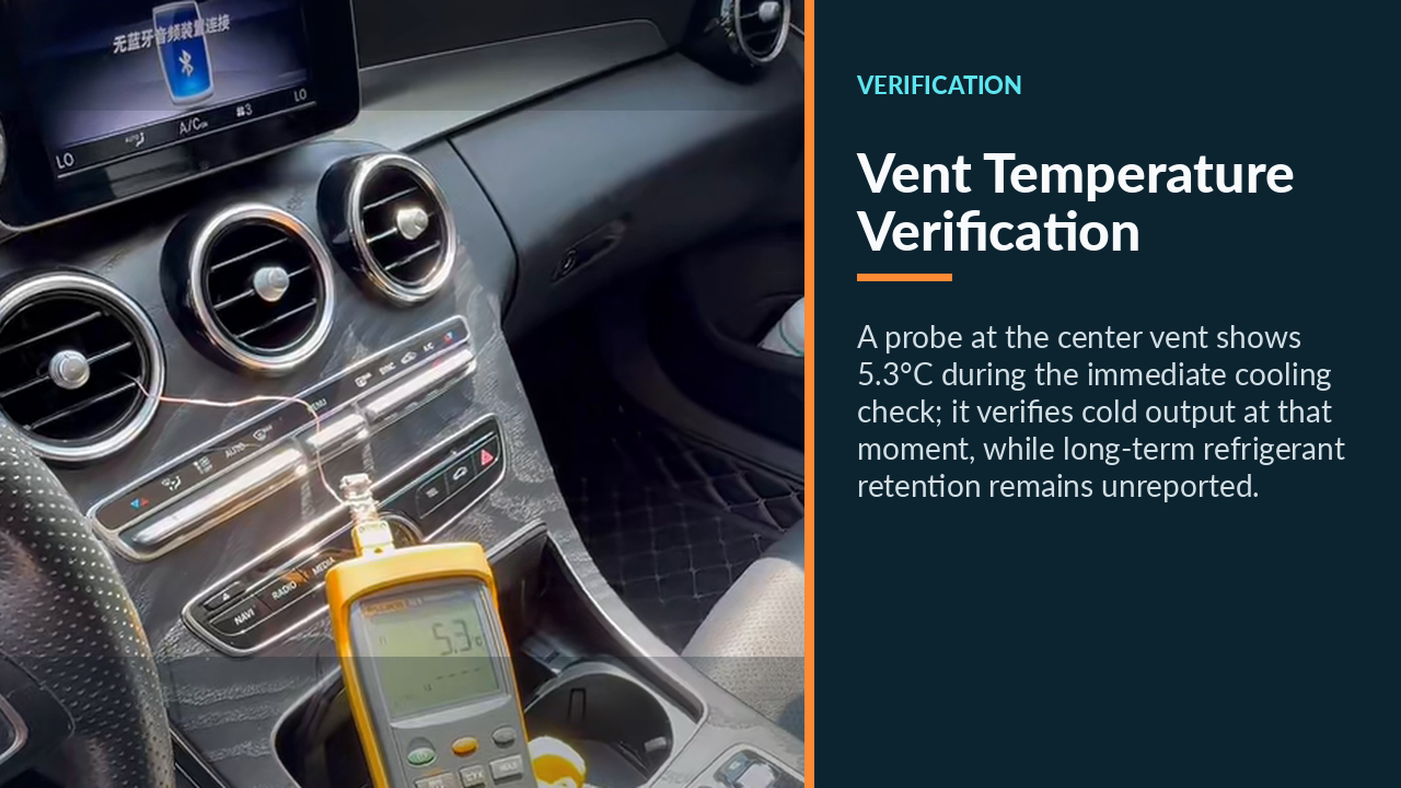 Temperature probe at Mercedes C200 center vent showing 5.3 degrees Celsius