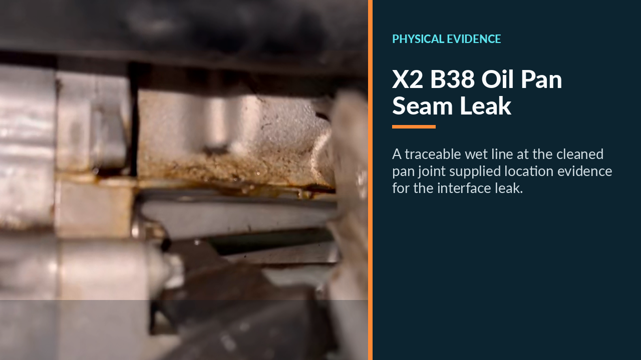 Oil seepage visible along the BMW X2 B38 oil-pan sealed seam.