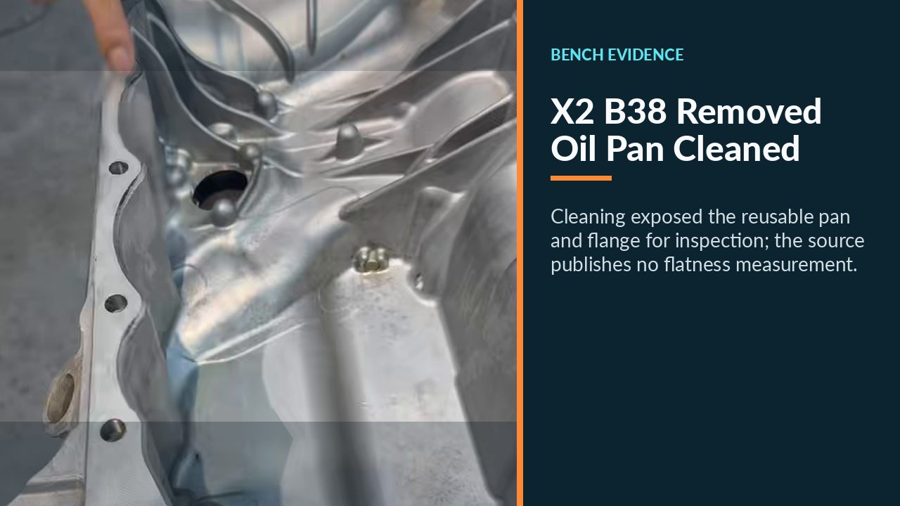 Removed BMW X2 B38 aluminum oil pan after internal and flange cleaning.
