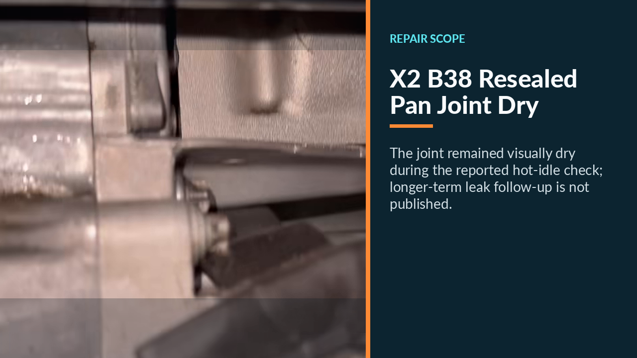 Clean dry BMW X2 B38 oil-pan joint after resealing and hot operation.