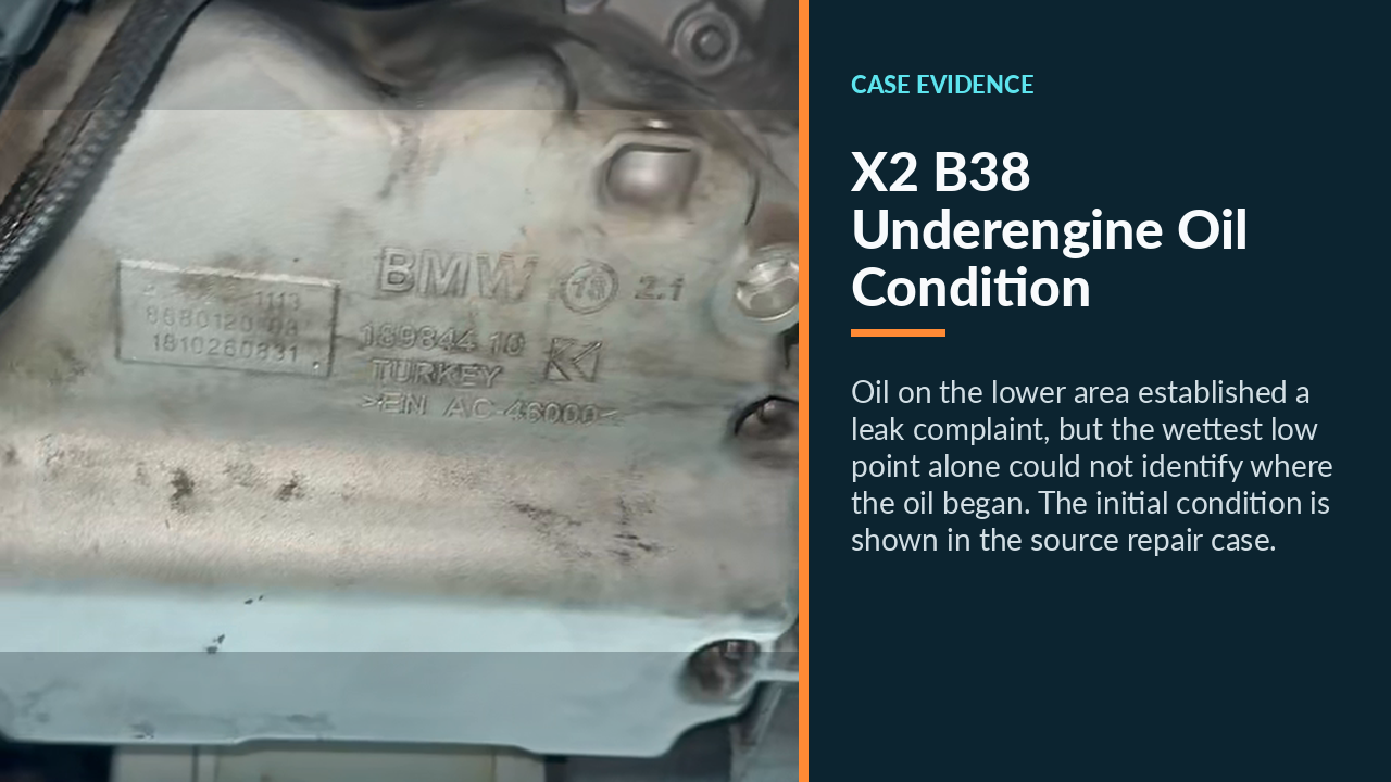 Oil contamination around the lower engine and oil-pan area of the BMW X2 B38.