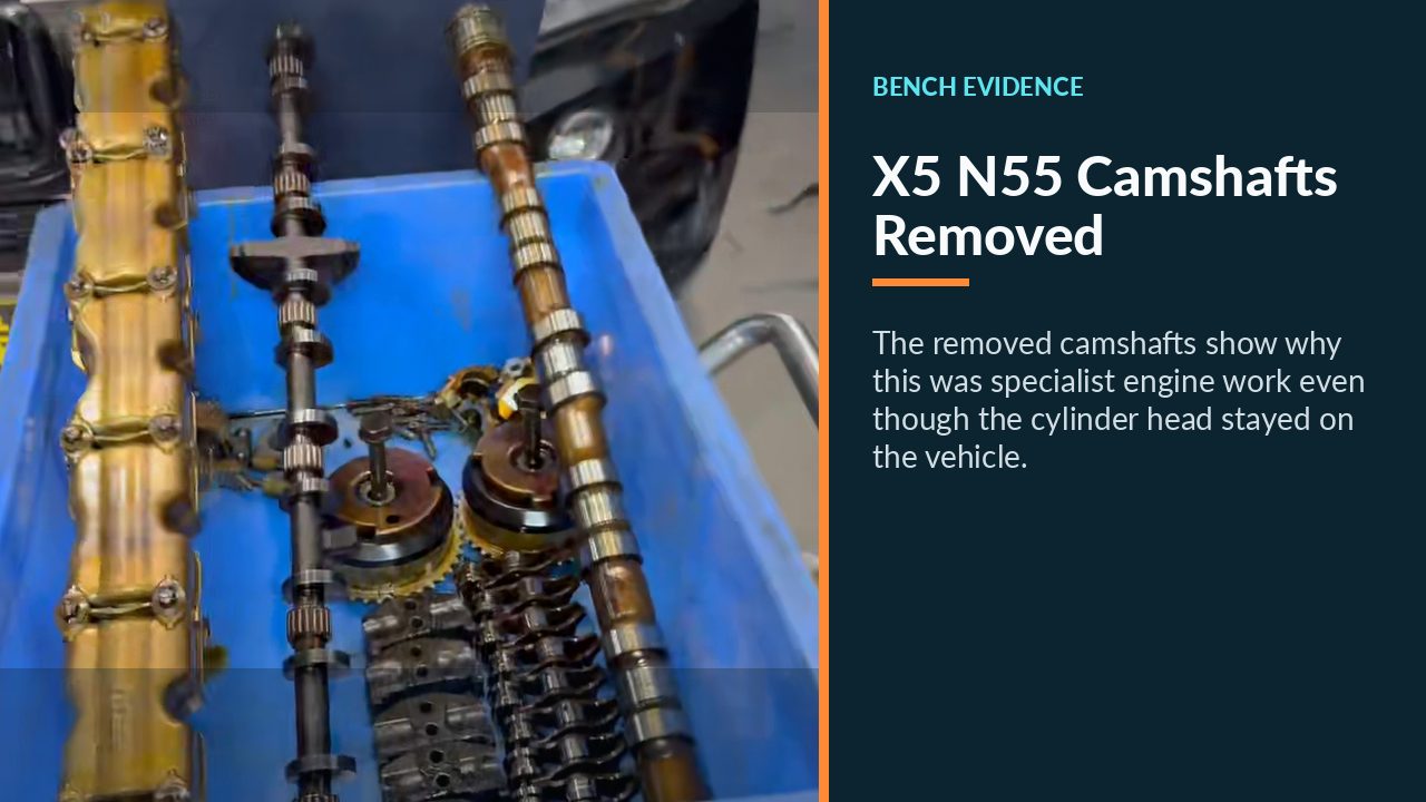 Removed BMW N55 camshafts organized during valve stem seal access.