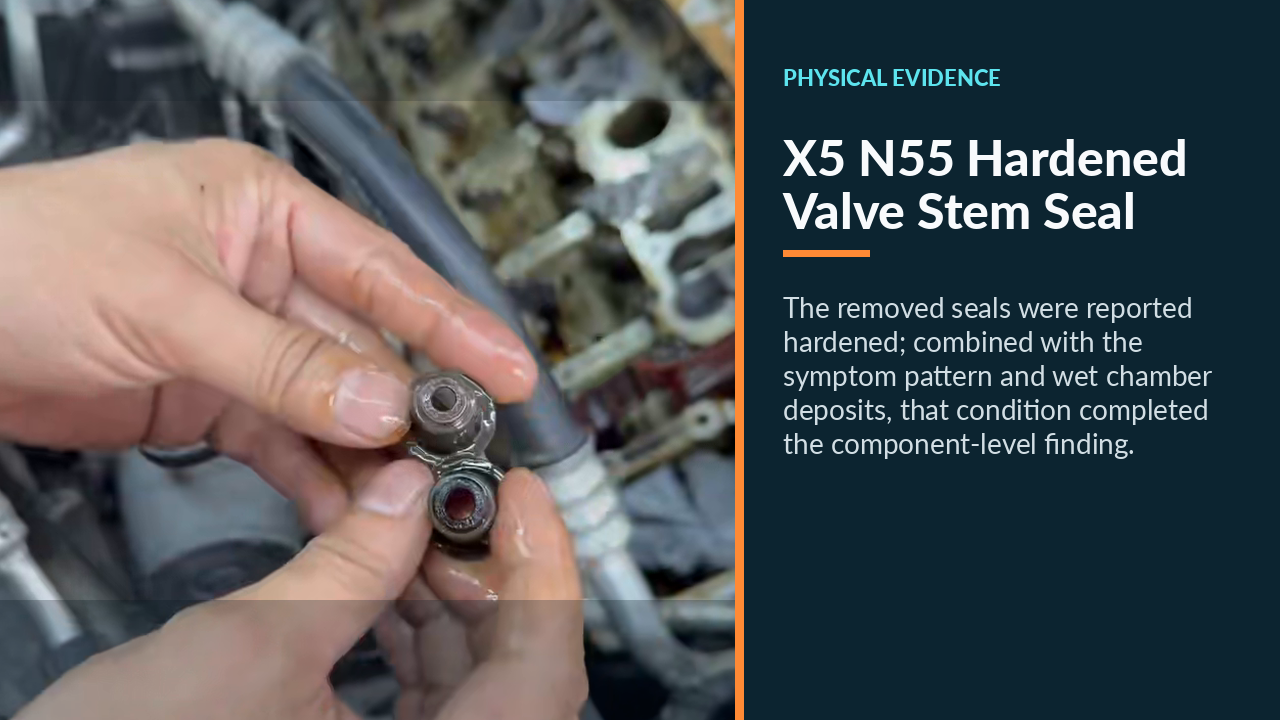 Removed hardened valve stem seal from the BMW N55 engine.