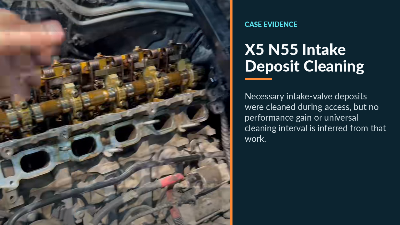 Intake-valve deposit cleaning during the BMW N55 valve seal repair.