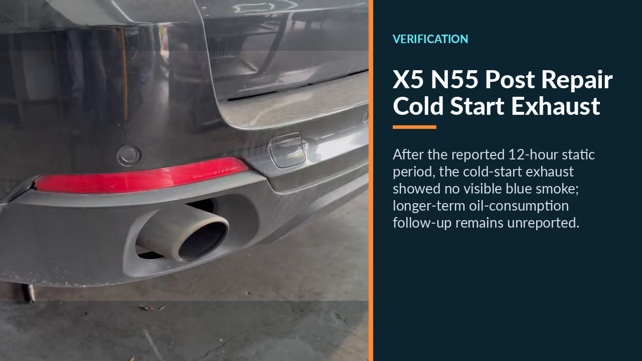 BMW X5 tailpipe with no visible blue smoke during the post-repair cold start.