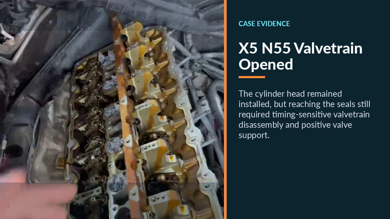 BMW N55 valvetrain exposed for head-installed valve stem seal service.