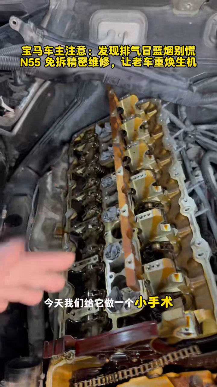 BMW N55 valvetrain exposed for head-installed valve stem seal service.