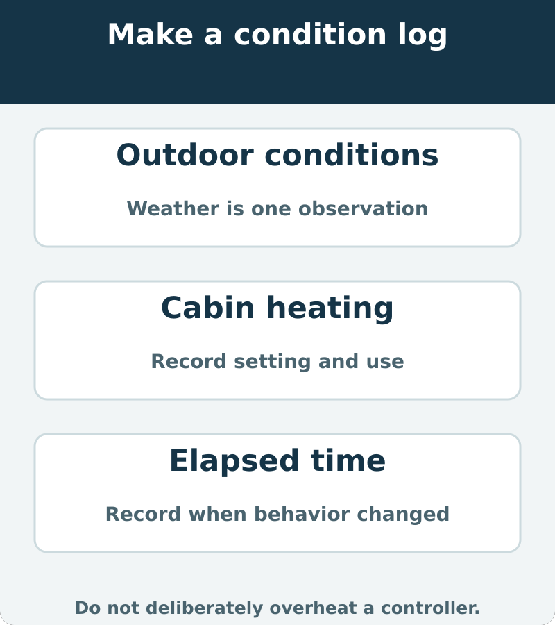A useful condition log separates outdoor weather, cabin heating and elapsed operating time before comparing fault behavior