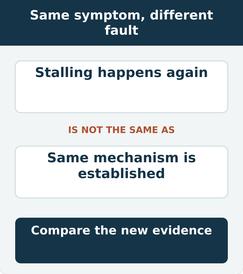 A repeated symptom does not prove a repeated mechanism; compare the new evidence before repeating the same repair