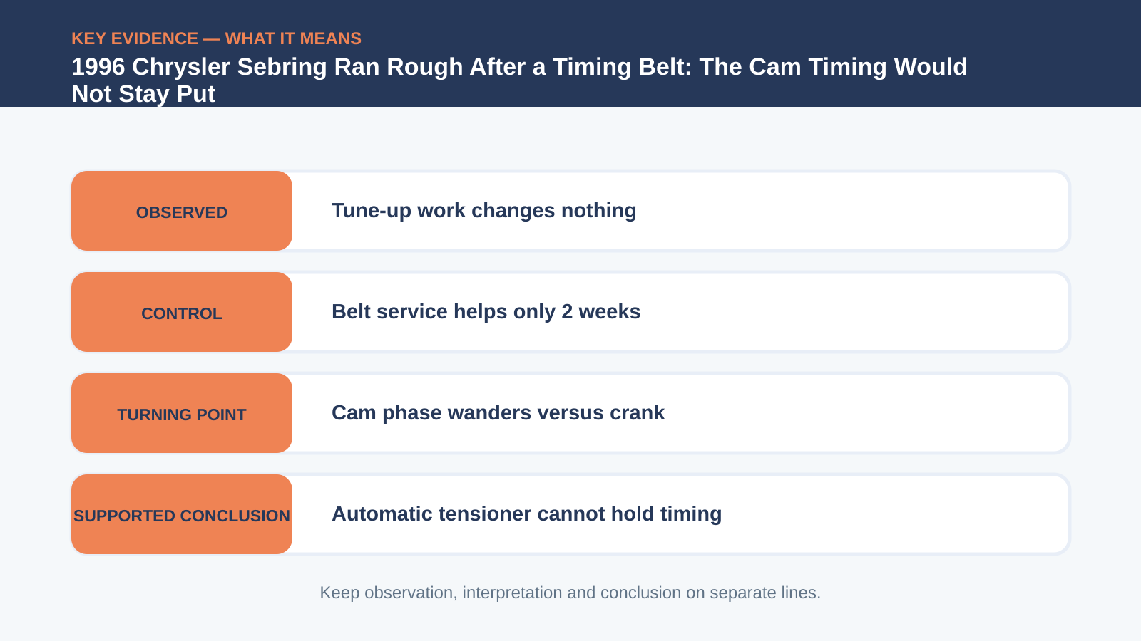 Key evidence interpretation for 1996 Chrysler Sebring Ran Rough After a Timing Belt: The Cam Timing Would Not Stay Put