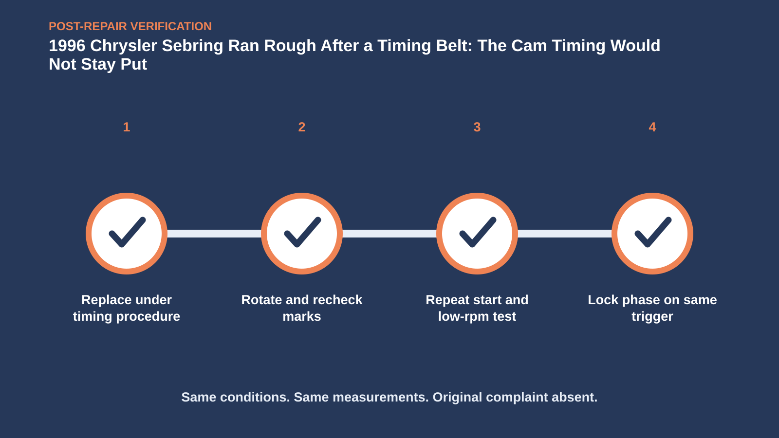 Post-repair verification for 1996 Chrysler Sebring Ran Rough After a Timing Belt: The Cam Timing Would Not Stay Put