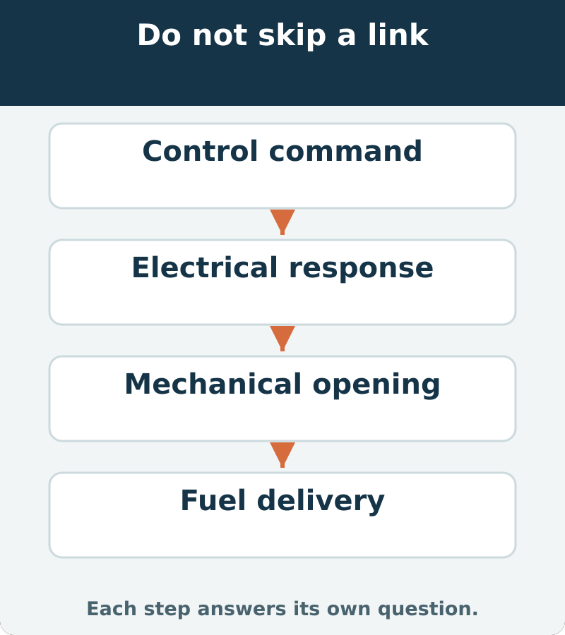 Control command, electrical response, mechanical opening and actual fuel delivery are different links. A normal result at one link does not verify all the others.