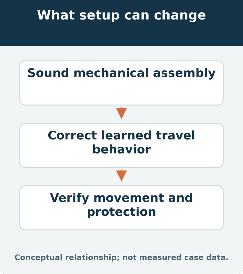 What setup can change: Sound mechanical assembly; Correct learned travel behavior; Verify movement and protection