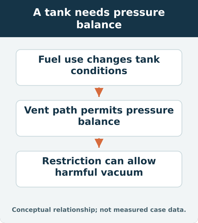 A tank needs pressure balance: Fuel use changes tank conditions; Vent path permits pressure balance; Restriction can allow harmful vacuum