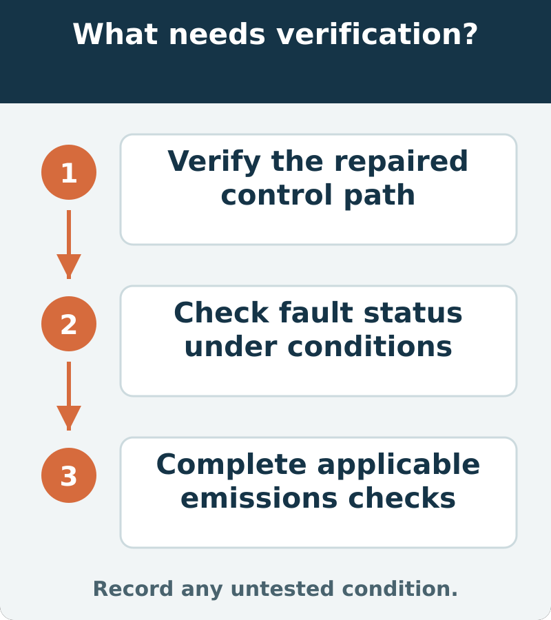 Suggested verification: Verify the repaired control path; Check fault status under conditions; Complete applicable emissions checks. Record any untested condition
