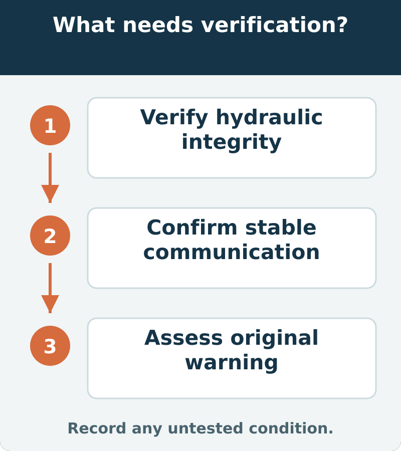 Suggested acceptance separates hydraulic integrity, stable communication and the original warning complaint