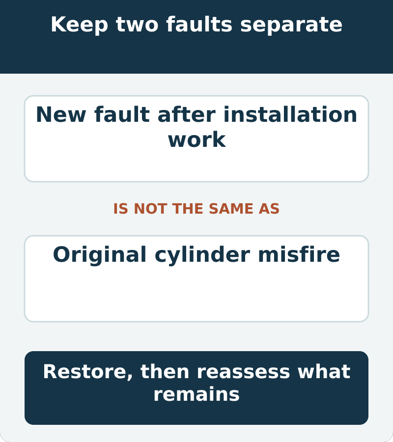 A post-work installation error and the original misfire are separate questions. Correct the installation, then assess any remaining original symptom