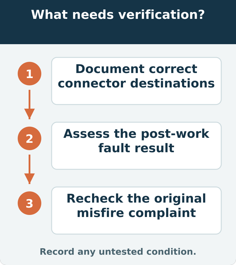 Suggested verification: Document correct connector destinations; Assess the post-work fault result; Recheck the original misfire complaint. Record any untested condition