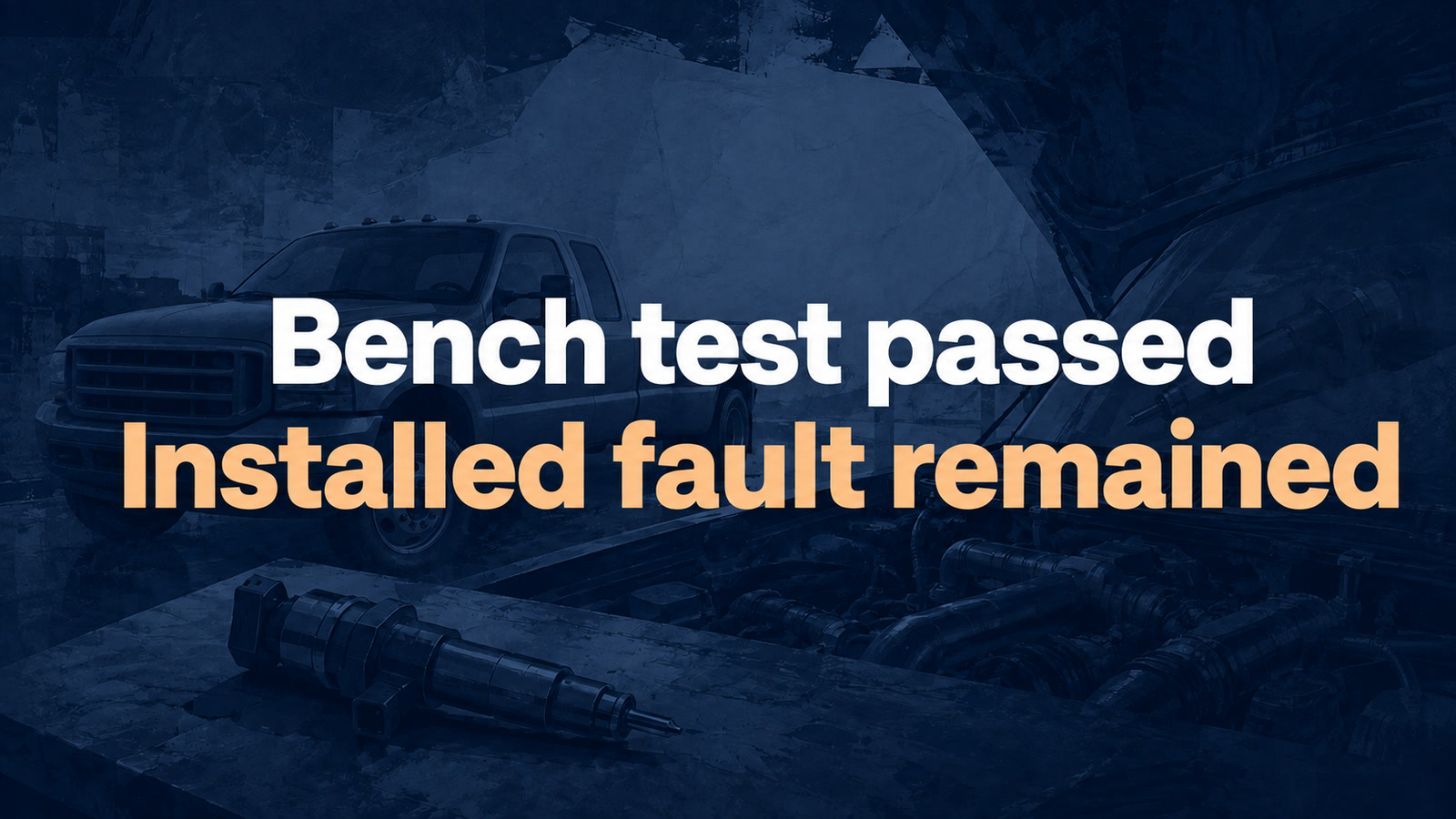 Conceptual editorial illustration: Bench test passed / Installed fault remained