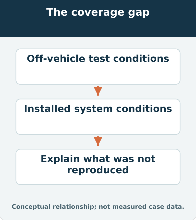 The coverage gap: Off-vehicle test conditions; Installed system conditions; Explain what was not reproduced