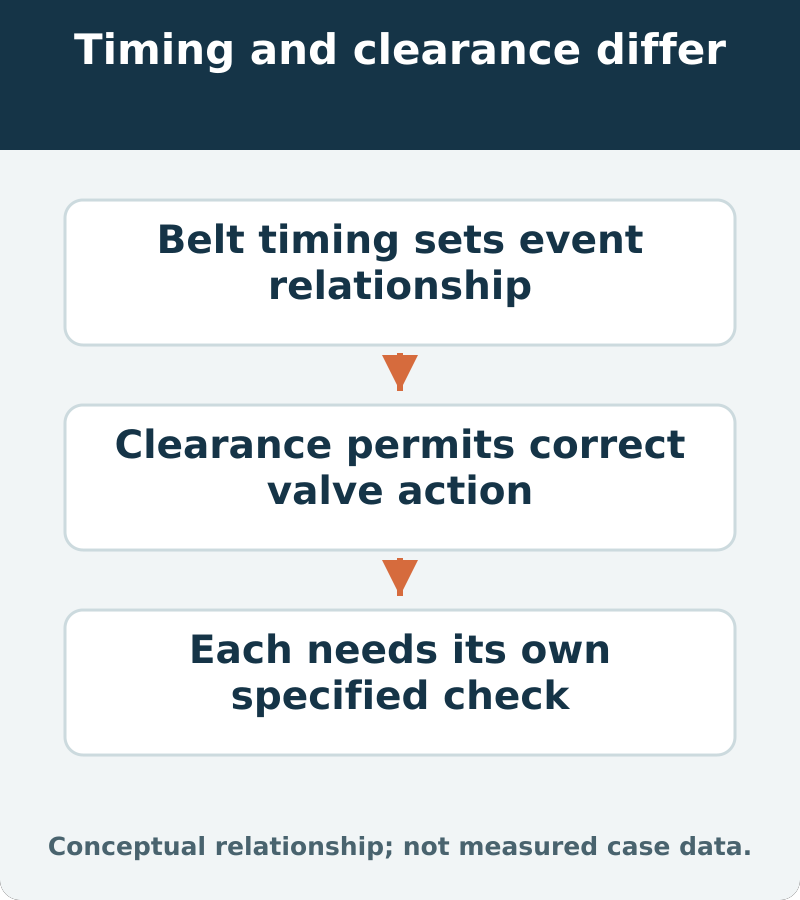 Timing and clearance differ: Belt timing sets event relationship; Clearance permits correct valve action; Each needs its own specified check