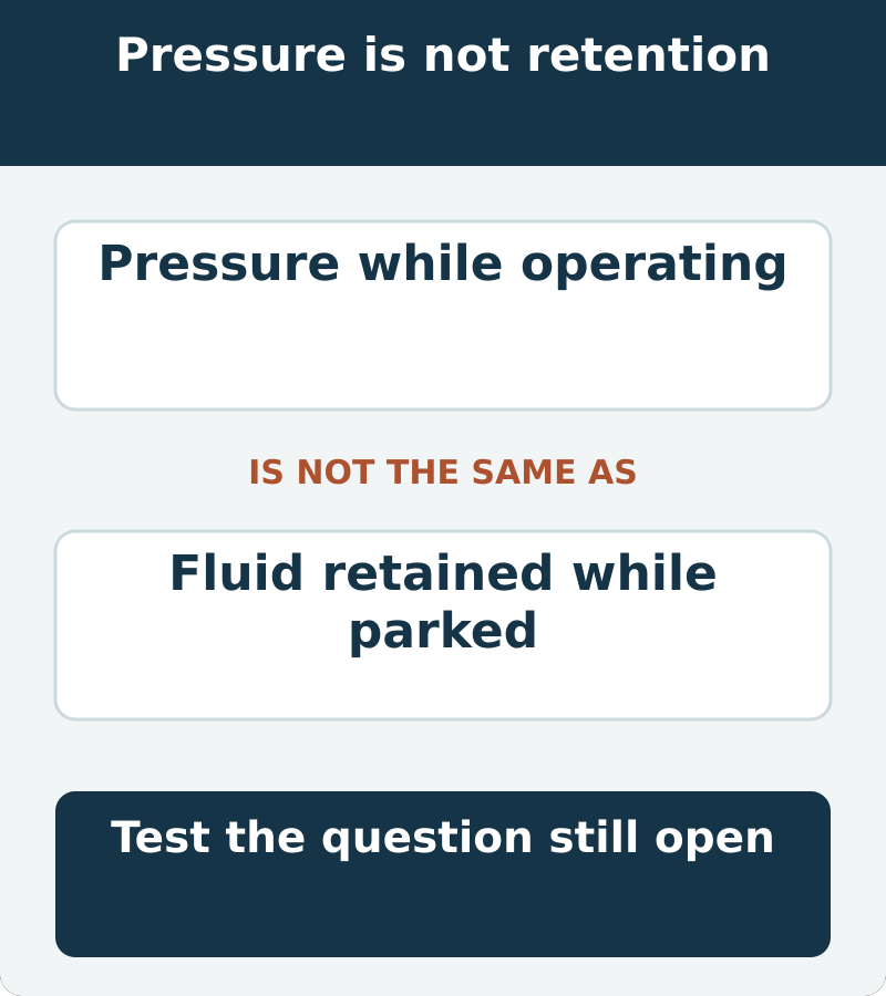 Hydraulic pressure during operation and fluid retained during parking are different questions requiring the relevant evidence