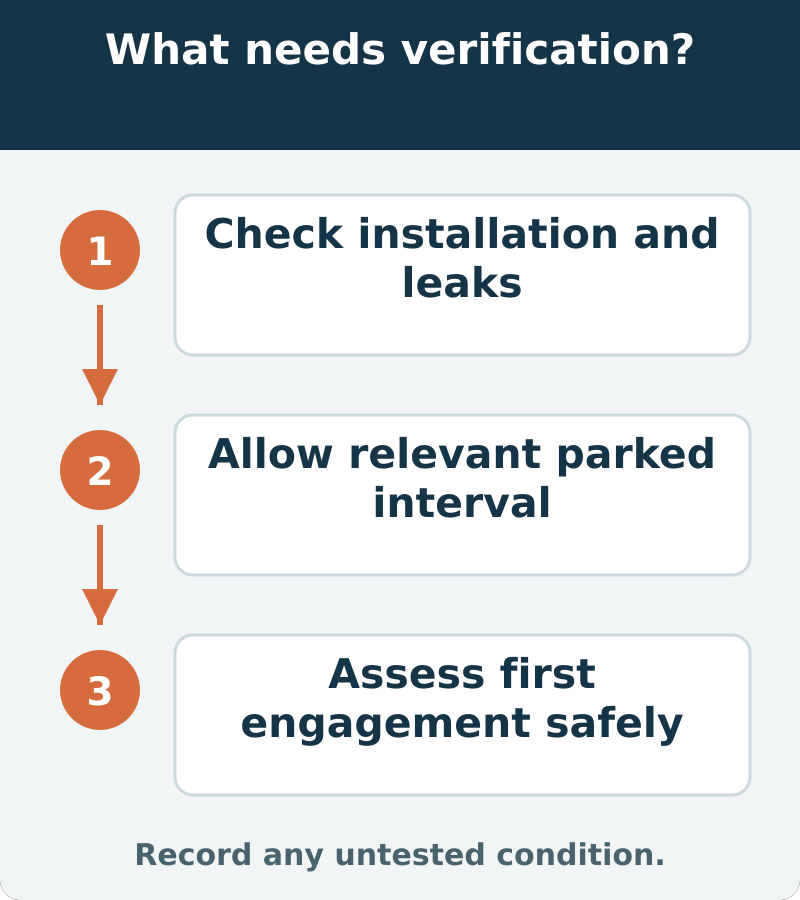 Suggested acceptance includes correct installation, the relevant parked interval and a safe check of the original engagement complaint