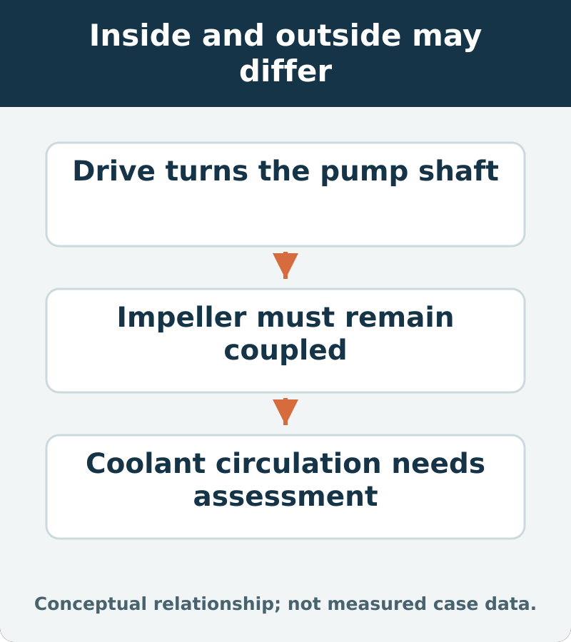 Inside and outside may differ: Drive turns the pump shaft; Impeller must remain coupled; Coolant circulation needs assessment