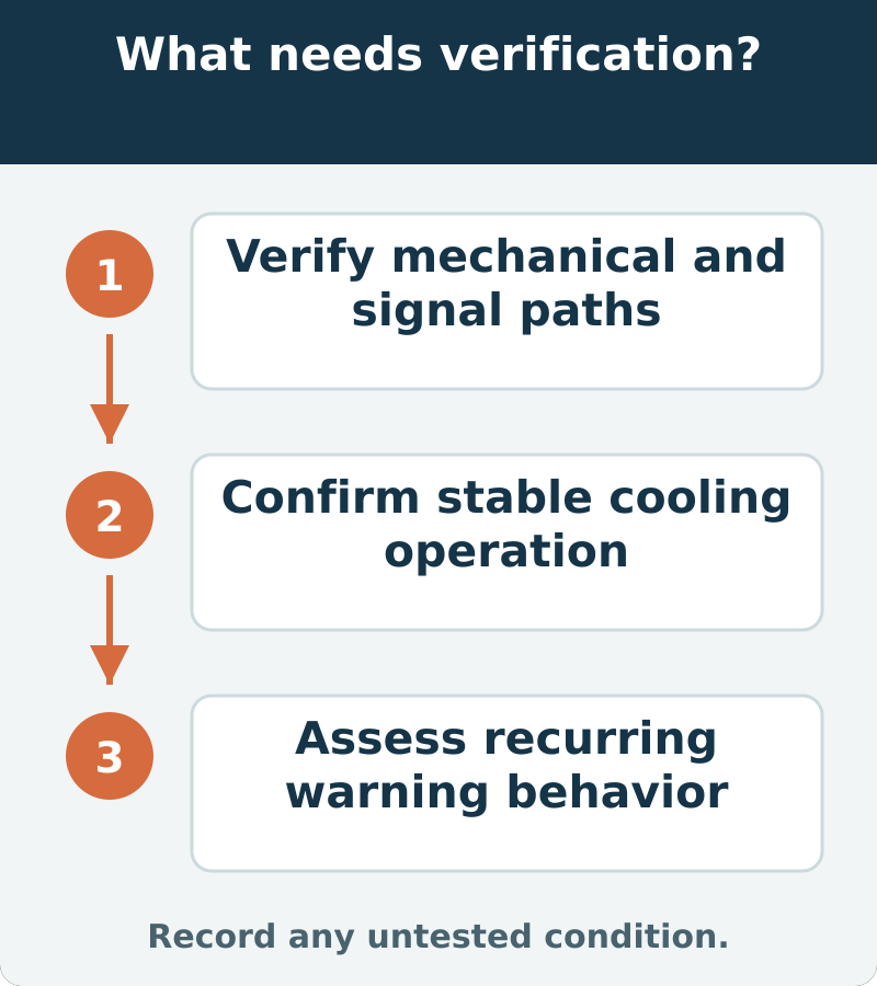 Suggested verification: Verify mechanical and signal paths; Confirm stable cooling operation; Assess recurring warning behavior. Record any untested condition