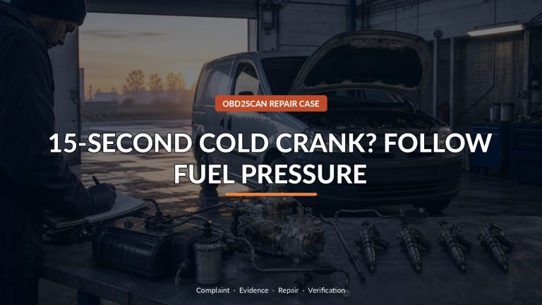 15-Second Cold Crank? Follow Fuel Pressure — conceptual diagnostic scene