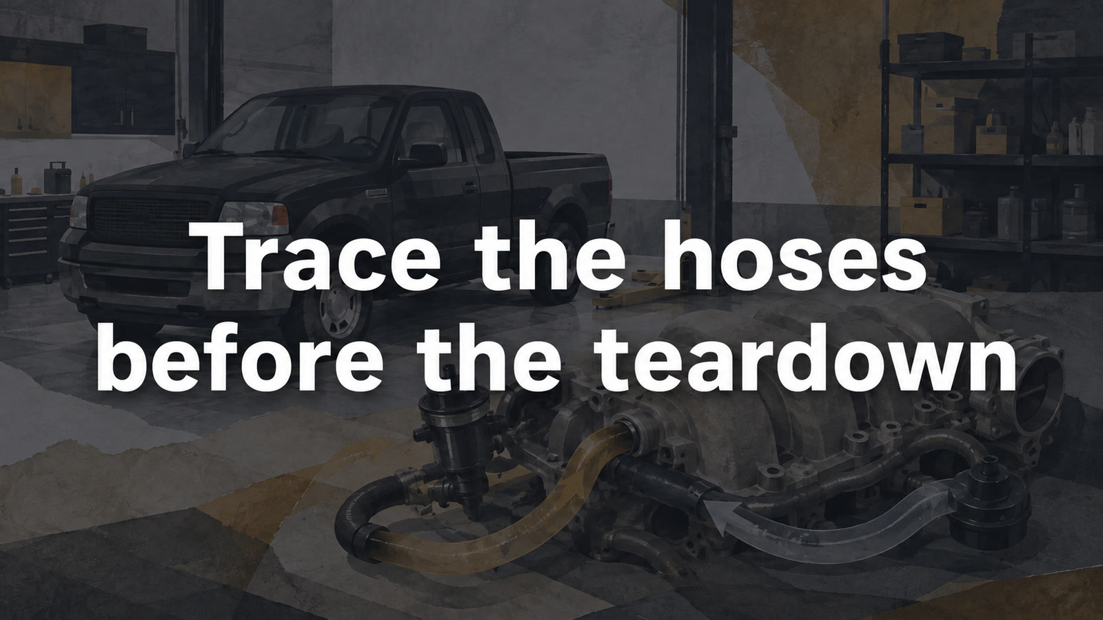 Conceptual editorial illustration: Trace the hoses / before the teardown