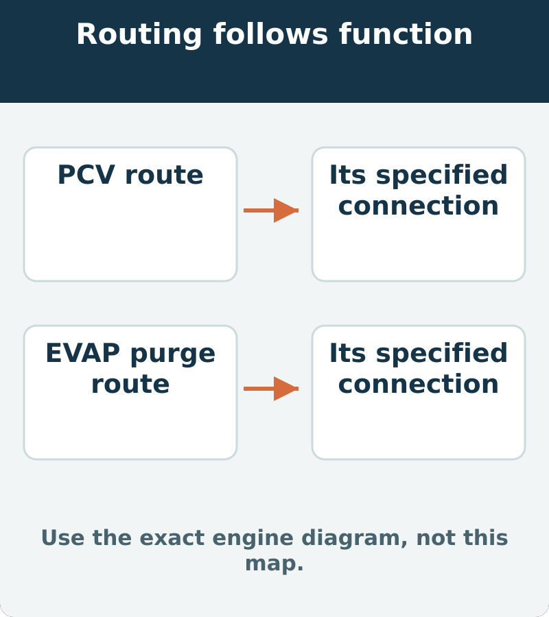 PCV and EVAP purge routes must reach their own specified connections. Similar fittings do not make the routes interchangeable; this is not an installation diagram