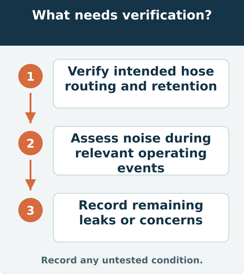 Suggested verification: Verify intended hose routing and retention; Assess noise during relevant operating events; Record remaining leaks or concerns. Record any untested condition
