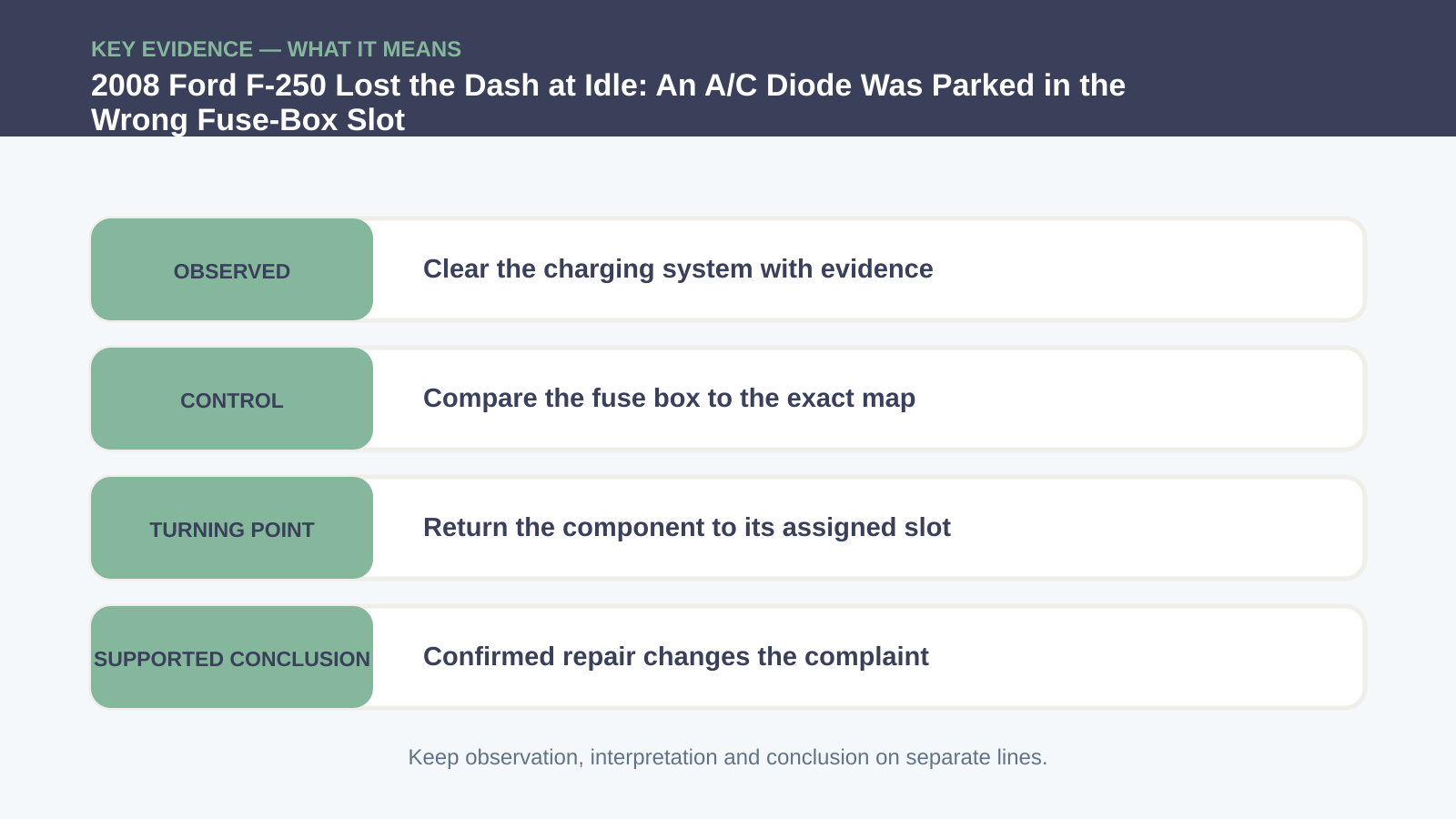 Key evidence interpretation for 2008 Ford F-250 Lost the Dash at Idle: An A/C Diode Was Parked in the Wrong Fuse-Box Slot