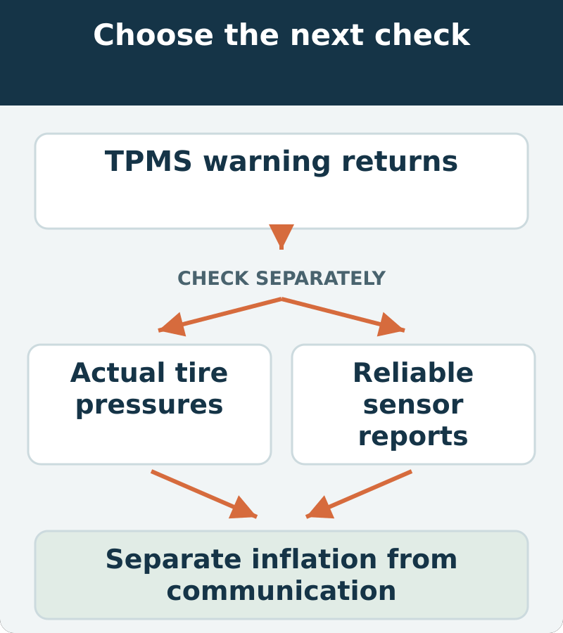 Decision map: tpms warning returns; assess actual tire pressures and reliable sensor reports. Separate inflation from communication