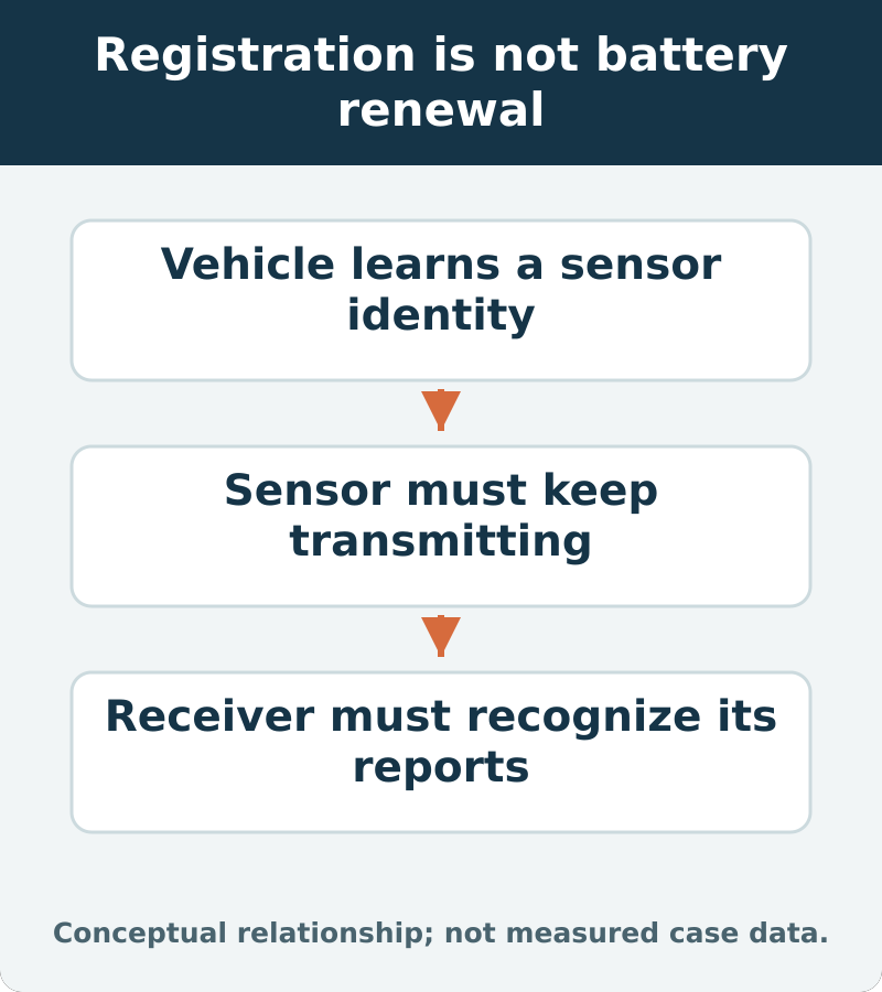 Registration is not battery renewal: Vehicle learns a sensor identity; Sensor must keep transmitting; Receiver must recognize its reports