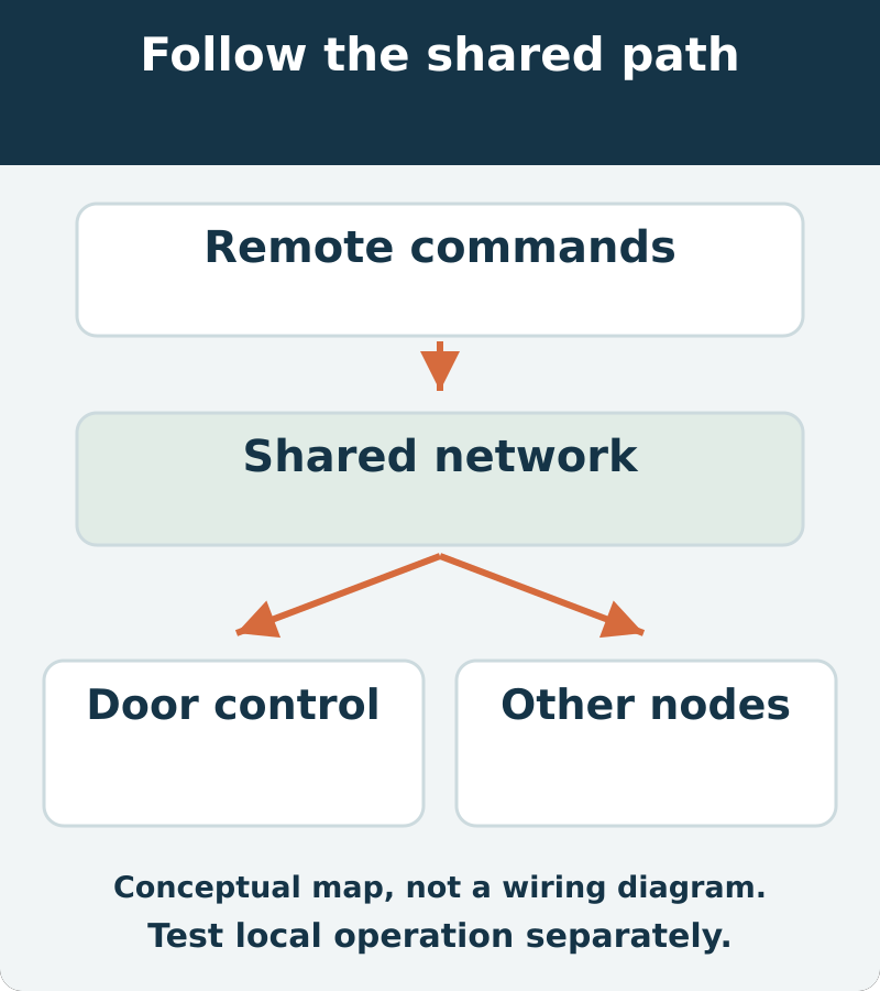 Conceptual shared-network map: remote requests can involve a path beyond the door actuator. Check local and remote functions separately; this is not a vehicle wiring diagram.